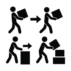 Package Handling and Delivery Process Icon Set  Stick Figure Silhouettes