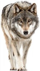 Fototapeta premium A gray wolf with a thick fur coat and piercing eyes, walking forward against a white background.