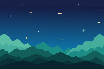 Fototapeta premium Serene night landscape with green mountains and stars