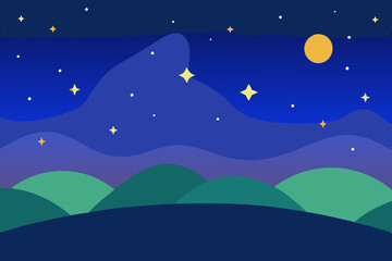 Fototapeta premium Serene night landscape with green mountains and stars