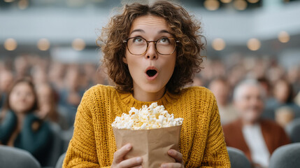 A Indian woman , tidal wave of popcorn frozen mid-surge toward a terrified moviegoer holding a 3D-glasses-wrapped hotdog