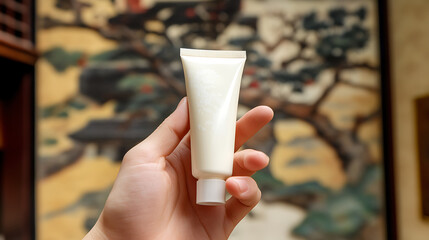 Sleek white cosmetic tube sits delicately on a hand against a stark black backdrop, ideal for showcasing skincare or beauty product mockups.