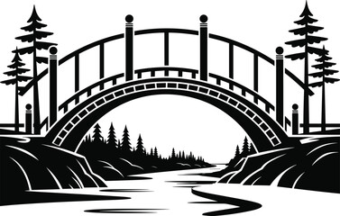 Obraz premium Scenic nature bridge illustration, arched wooden structure over river, pine tree forest background, black and white landscape vector, peaceful outdoor artwork, natural crossing design