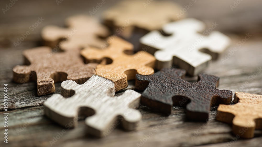 Poster symbolic puzzle pieces come together to represent teamwork and collaboration in a creative setting