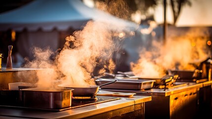 Outdoor cooking event at sunset with steam rising from pots, vibrant atmosphere, and tents in background