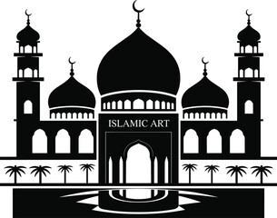 Islamic mosque with palm trees, architectural silhouette vector, black and white illustration, domes and minarets design, Islamic art structure, cultural religious worship building