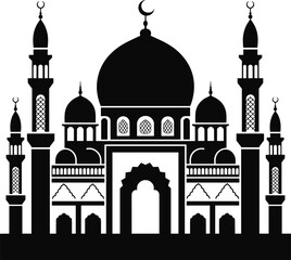 Islamic mosque silhouette illustration, black and white vector art, religious architecture design, domes and minarets, traditional worship place, Muslim holy building, cultural heritage symbol