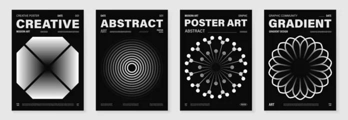 Selbstklebende Fototapeten Abstract monochrome poster background vector set. Modern cover template with black and white perspective geometric prism shape, line. Ideal design for social media, banner, ads. © TWINS DESIGN STUDIO