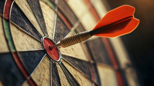 A close-up of a dart hitting the bullseye of a target, symbolizing precision and achievement of goals, with a blurred background for focus. - Powered by Adobe