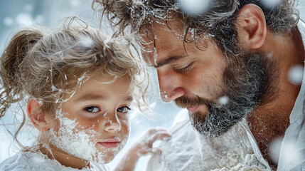 Father and daughter covered in flour baking together