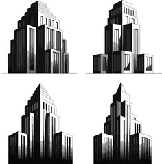 Modern skyscraper building set, black and white architectural illustration, futuristic city tower design, urban skyline collection, vector high-rise buildings, geometric real estate concept