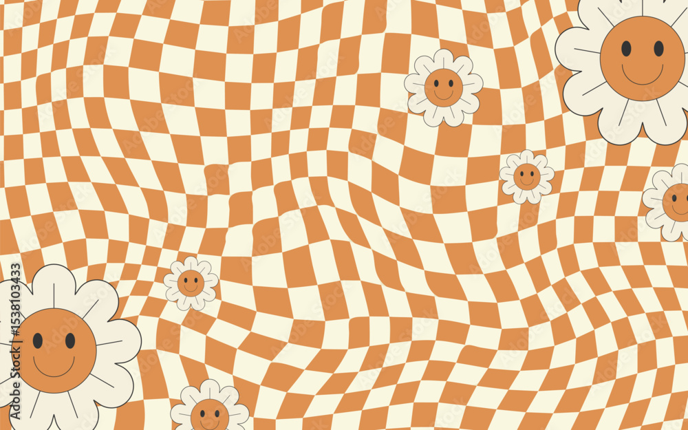 Poster retro groovy wavy psychedelic checkerboard background vector.