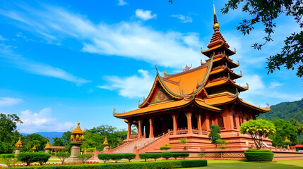 Obraz premium Vietnam pagoda. Trang An travel. Buddhist temple in nature.