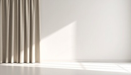Obraz premium Minimalist Room Interior Design with Sunlight and Beige Curtain.