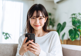 Smiling Woman Sitting at Home Using Smartphone in Bright Natural Light