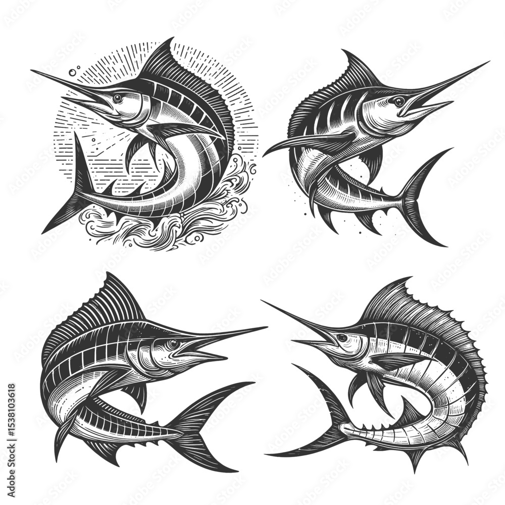 Poster marlin fish set collection bundle sketch engraving generative ai vector illustration. scratch board 