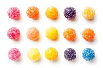 Close up of fifteen colorful round candies arranged in rows on a white surface in a studio setting