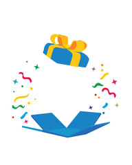 Vector illustration of an exploding gift box with vibrant confetti and ribbon. Ideal for party designs, giveaways, celebration templates, or holiday event promotions. Clean, modern, and editable art.