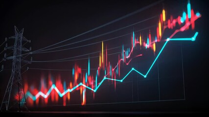 Electric Power Transmission Tower with Abstract Financial Chart in Dark Background Showing Rising Trend - Powered by Adobe