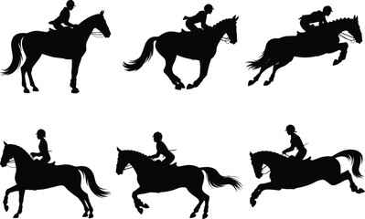 Horse riding silhouette set, equestrian sports illustration, horse and rider poses, black vector collection, galloping, jumping, trotting horses, professional horseback riding art