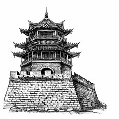 Chinese royal palace sketch illustration. Asian style palace isolated on white background