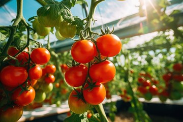 Bright red tomatoes grow in a greenhouse under sunlit conditions in a thriving garden
