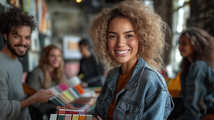 Obraz premium Smiling woman with curly hair at creative meeting