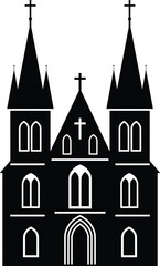 Gothic cathedral with tall spires, historic church architecture silhouette, religious Christian building illustration, black and white sacred structure, front view chapel vector design
