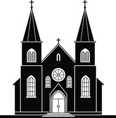 Gothic church front view illustration, twin spires silhouette, classic religious architecture, Christian cathedral design, black and white artwork, historical sacred building structure
