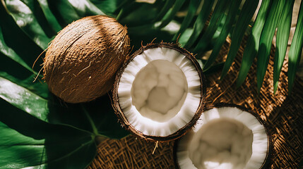 Fresh coconuts sit amidst tropical leaves, offering a sense of organic island life and healthy eating with beautiful textures.