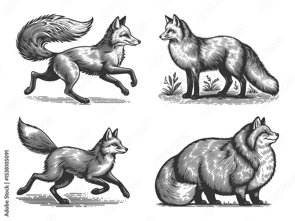 Poster fox set collection bundle sketch engraving generative ai vector illustration. scratch board imitatio