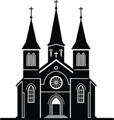 Classic cathedral church illustration, three tall spires, gothic architecture silhouette, Christian religious landmark, front view chapel design, black and white sacred building artwork