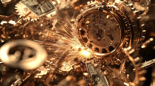 Spiked metal gears crashing into each other with flying sparks and embedded national currency symbols, metaphorically representing harsh retaliatory economic actions, conflict - Powered by Adobe