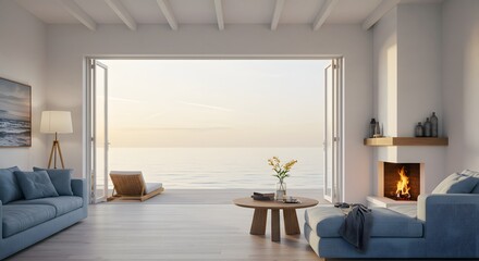 A modern living room with a cozy fireplace and a large window with an ocean view