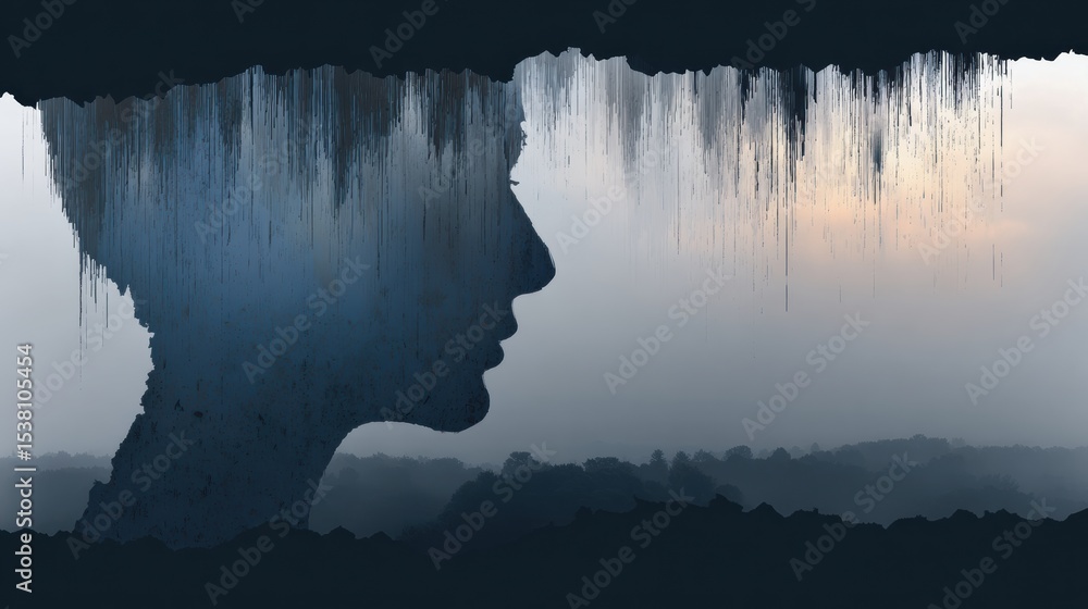 Aufkleber thoughts manifest as torn paper rain fall over a silhouette with an empty bottom space capturing dee