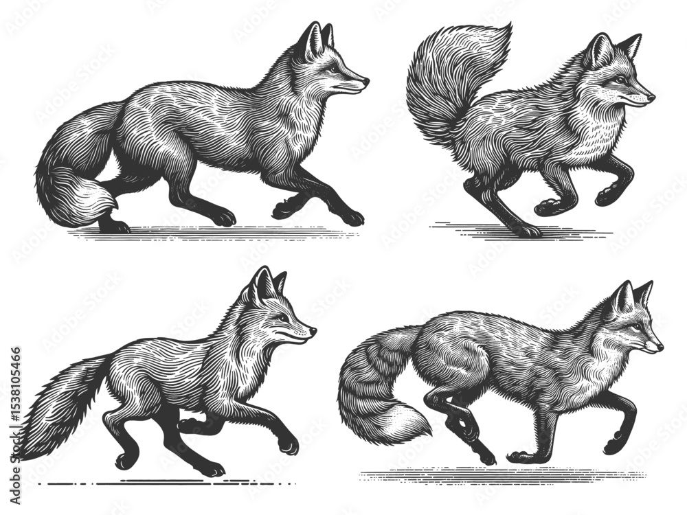 Poster fox set collection bundle sketch engraving generative ai vector illustration. scratch board imitatio