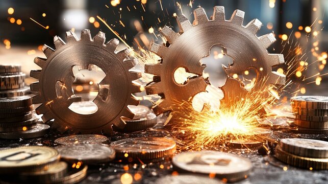 Spiked metal gears crashing into each other with flying sparks and embedded national currency symbols, metaphorically representing harsh retaliatory economic actions, conflict - Powered by Adobe