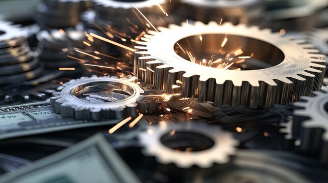 Spiked metal gears crashing into each other with flying sparks and embedded national currency symbols, metaphorically representing harsh retaliatory economic actions, conflict - Powered by Adobe