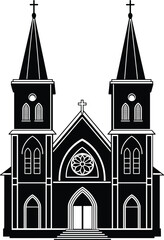 Gothic church architecture illustration, twin spire cathedral, black and white religious building, historical Christian landmark, front view silhouette, rose window, ornate chapel design