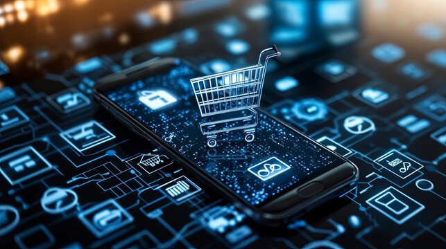 Smartphone with shopping cart app surrounded by digital tax icons and blocked by a virtual customs gate, symbolizing cross-border e-commerce, import tax, and online trade restrictions