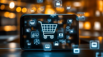 Smartphone with shopping cart app surrounded by digital tax icons and blocked by a virtual customs gate, symbolizing cross-border e-commerce, import tax, and online trade restrictions