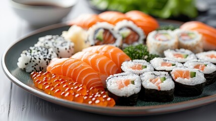 A vibrant sushi platter featuring various salmon preparations.