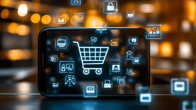 Smartphone with shopping cart app surrounded by digital tax icons and blocked by a virtual customs gate, symbolizing cross-border e-commerce, import tax, and online trade restrictions