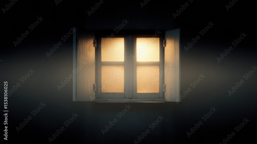 Poster Symbolic Closed Window With a Gentle Glow Illuminating the Darkness, Suggesting Warmth and Comfort Within an Unseen Space