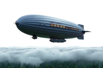Airship voyage over misty forest landscape aerial view adventure serenity