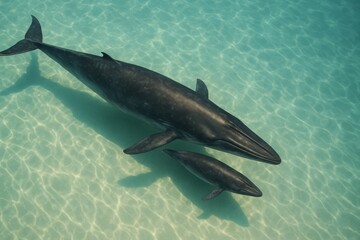 Obraz premium Omura's Whale Mother and Calf in Shallow Tropical Waters, Aerial View