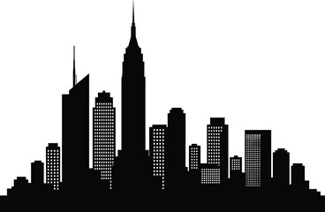 Urban city skyline silhouette, modern skyscraper buildings, black and white cityscape, downtown architecture illustration, metropolitan skyline view, business center background, night city outline