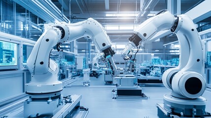 Advanced robotic arms in a smart manufacturing factory assembling high-tech machinery in a clean blue-toned environment showcasing futuristic industrial automation technology.