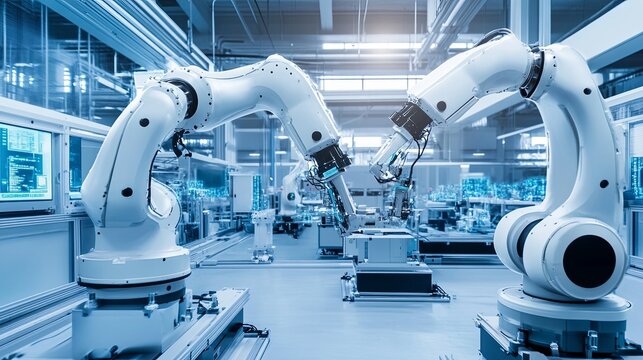 Advanced robotic arms in a smart manufacturing factory assembling high-tech machinery in a clean blue-toned environment showcasing futuristic industrial automation technology. - Powered by Adobe