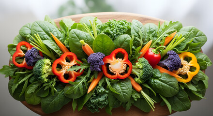 Artistic Arrangement of Fresh Green Leafy Vegetables and Peppers
